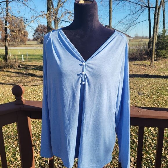 Women's Sky Blue Solid Stretch V-Neck Long Sleeve Tee-Shirts Size XL, New in pac - Picture 1 of 11